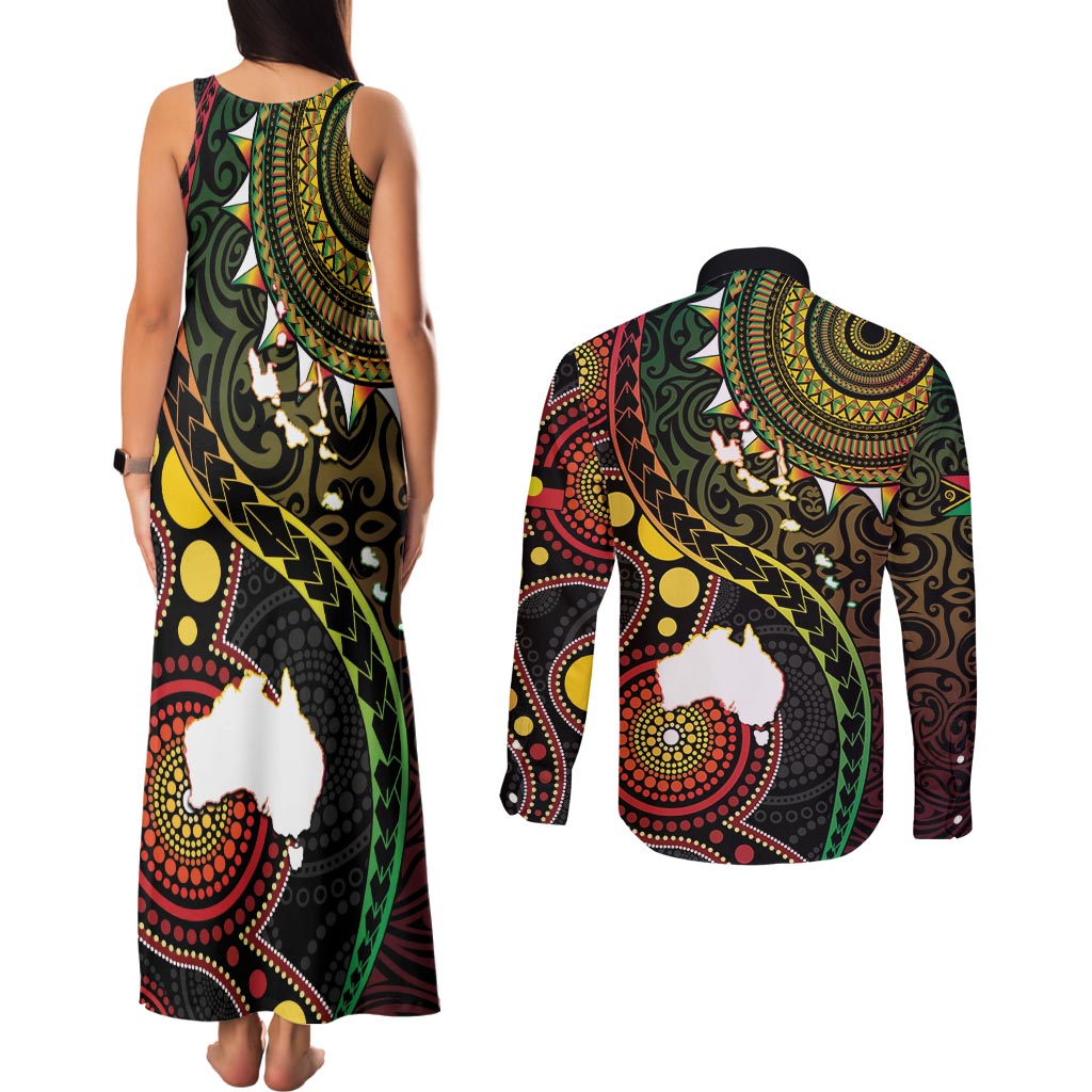 Vanuatu And Australia Aboriginal Couples Matching Tank Maxi Dress and Long Sleeve Button Shirt Iguana And Kangaroo Together LT05 - Polynesian Pride