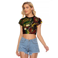 Vanuatu And Australia Aboriginal Raglan Cropped T Shirt Iguana And Kangaroo Together LT05 Female Black - Polynesian Pride