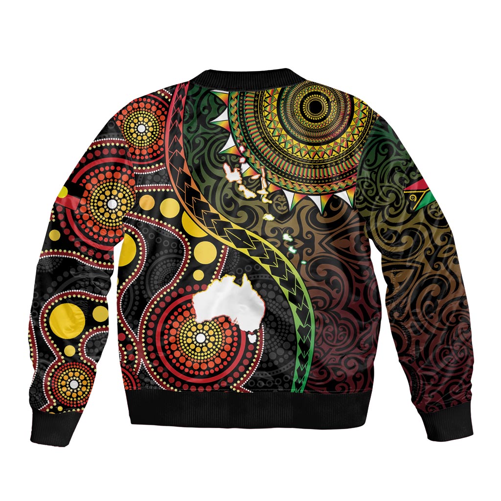Vanuatu And Australia Aboriginal Sleeve Zip Bomber Jacket Iguana And Kangaroo Together
