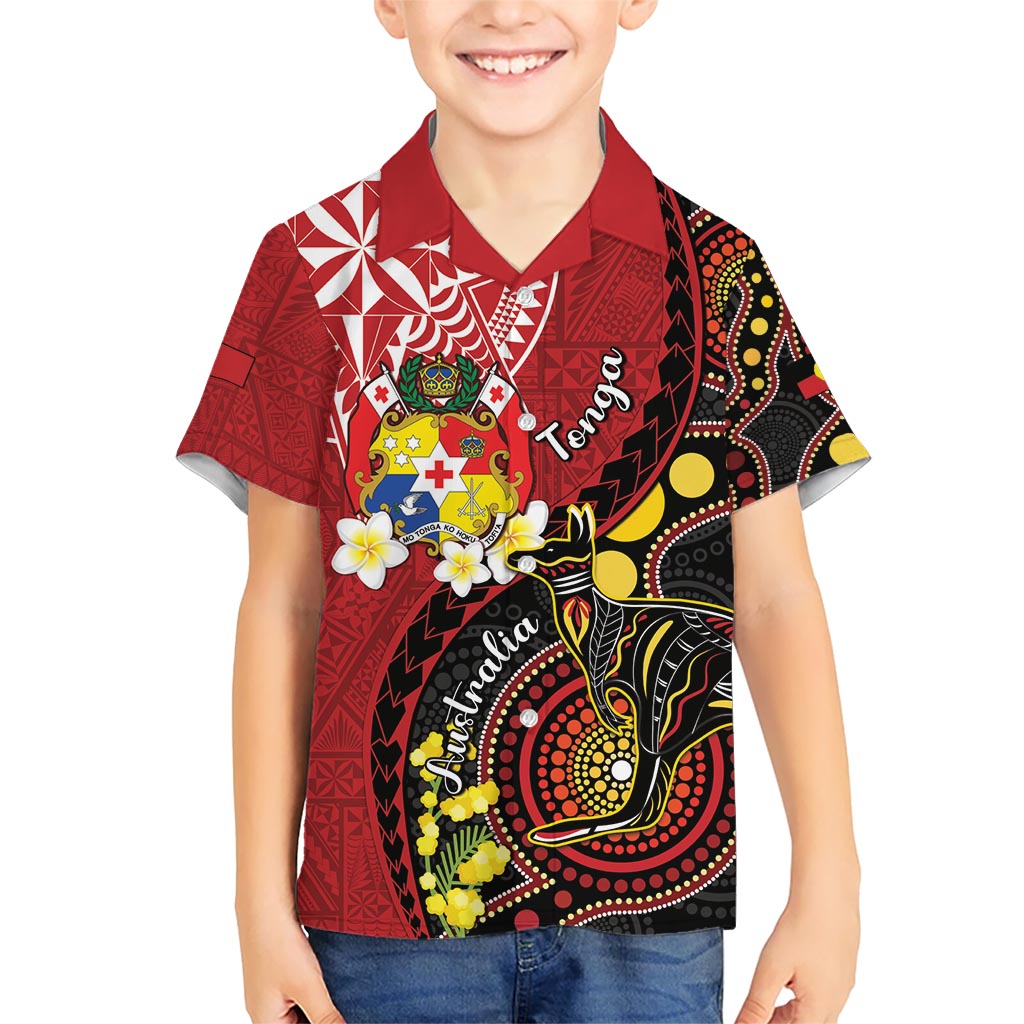 Tonga Ngatu And Australia Aboriginal Kid Hawaiian Shirt Tongan Dove And Kangaroo Together LT05 Kid Red - Polynesian Pride
