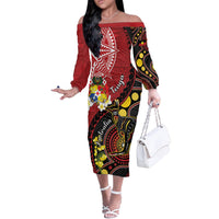 Tonga Ngatu And Australia Aboriginal Off The Shoulder Long Sleeve Dress Tongan Dove And Kangaroo Together