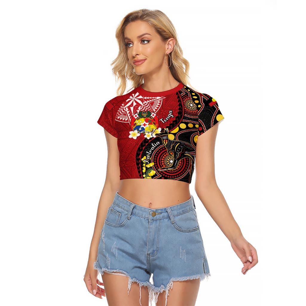 Tonga Ngatu And Australia Aboriginal Raglan Cropped T Shirt Tongan Dove And Kangaroo Together