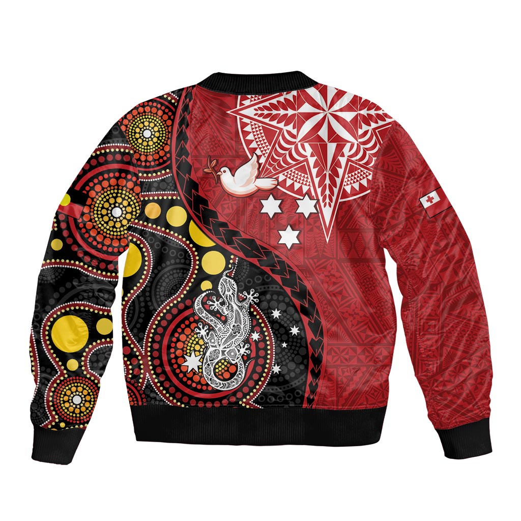 Tonga Ngatu And Australia Aboriginal Sleeve Zip Bomber Jacket Tongan Dove And Kangaroo Together
