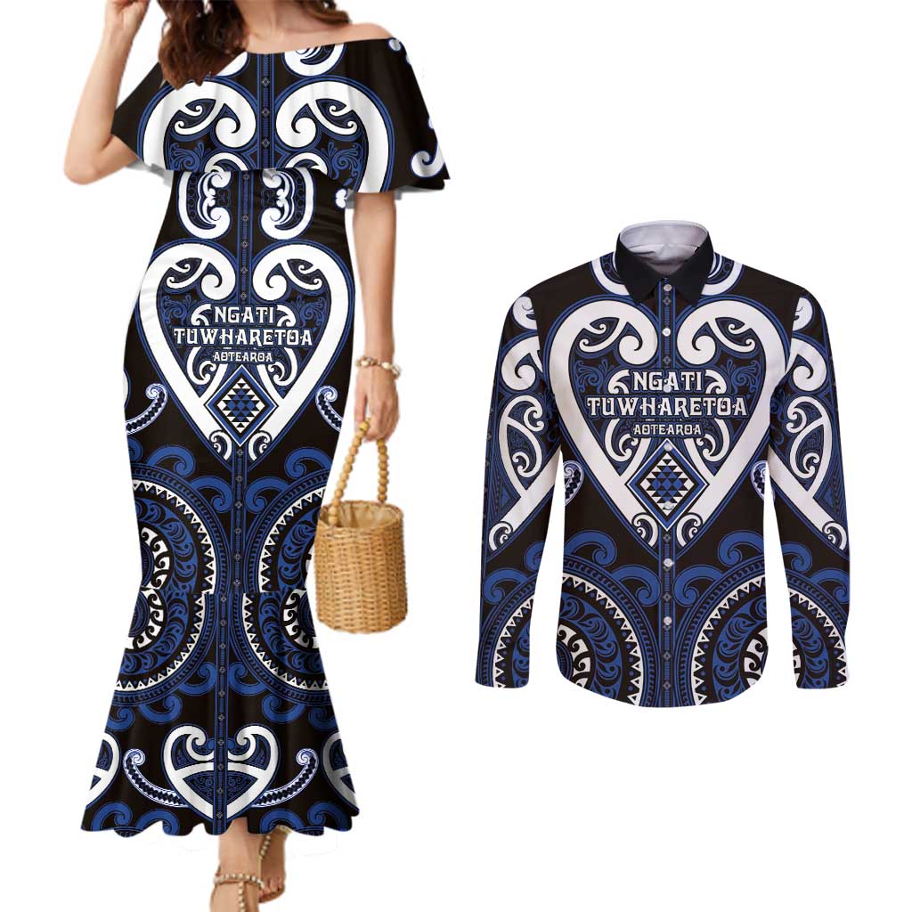 Custom Aotearoa Ngati Tuwharetoa Couples Matching Mermaid Dress and Long Sleeve Button Shirt Maori Tribal Pattern