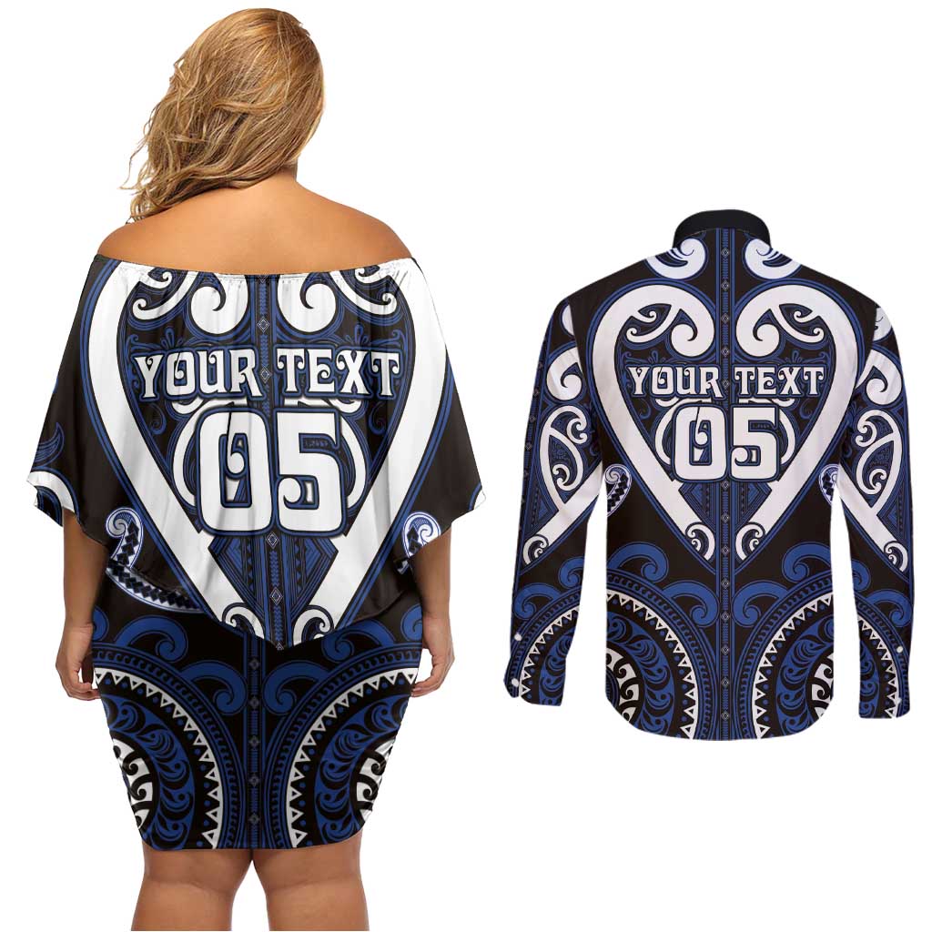 Custom Aotearoa Ngati Tuwharetoa Couples Matching Off Shoulder Short Dress and Long Sleeve Button Shirt Maori Tribal Pattern