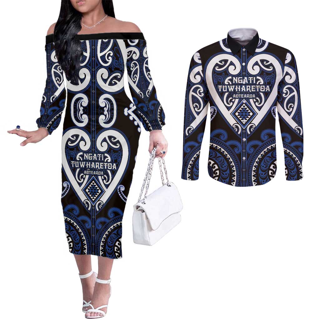 Custom Aotearoa Ngati Tuwharetoa Couples Matching Off The Shoulder Long Sleeve Dress and Long Sleeve Button Shirt Maori Tribal Pattern