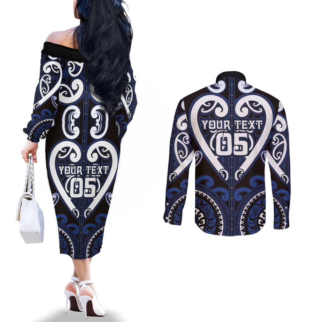 Custom Aotearoa Ngati Tuwharetoa Couples Matching Off The Shoulder Long Sleeve Dress and Long Sleeve Button Shirt Maori Tribal Pattern