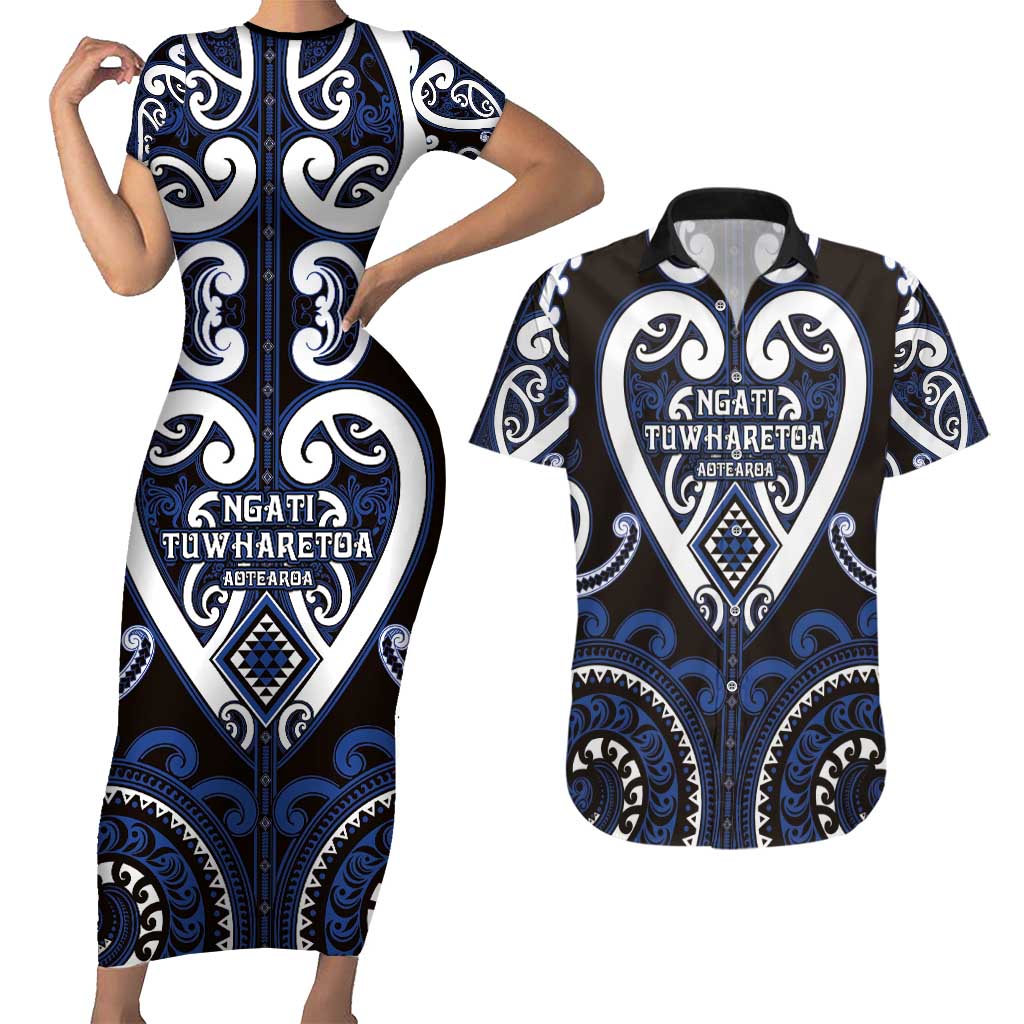 Custom Aotearoa Ngati Tuwharetoa Couples Matching Short Sleeve Bodycon Dress and Hawaiian Shirt Maori Tribal Pattern
