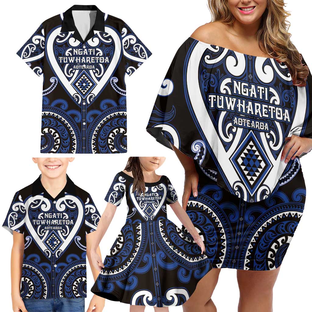 Custom Aotearoa Ngati Tuwharetoa Family Matching Off Shoulder Short Dress and Hawaiian Shirt Maori Tribal Pattern