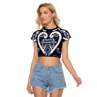 Custom Aotearoa Ngati Tuwharetoa Raglan Cropped T Shirt Maori Tribal Pattern LT05 Female Navy - Polynesian Pride