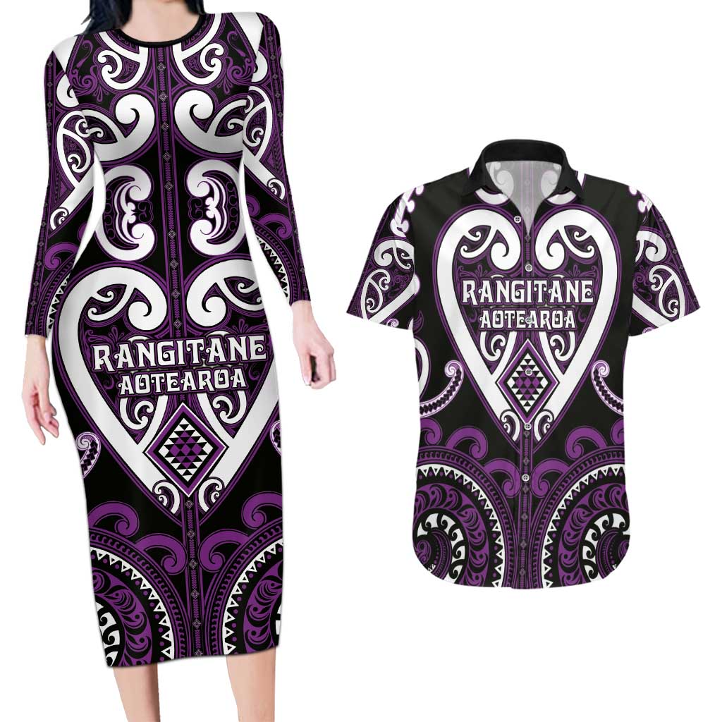 Custom Aotearoa Rangitane Couples Matching Long Sleeve Bodycon Dress and Hawaiian Shirt Maori Tribal Pattern