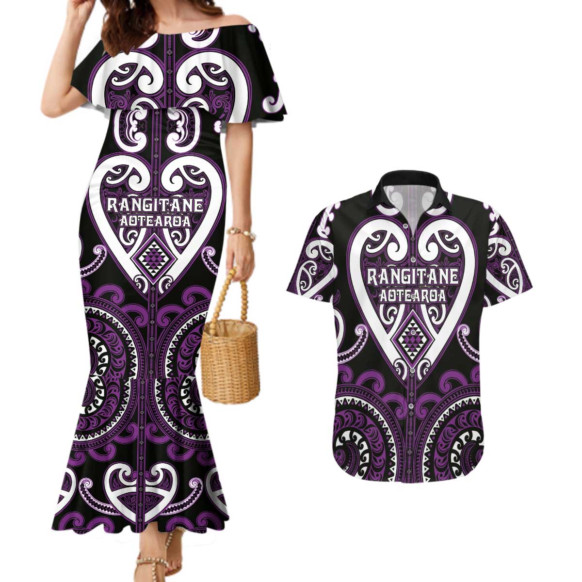 Custom Aotearoa Rangitane Couples Matching Mermaid Dress and Hawaiian Shirt Maori Tribal Pattern