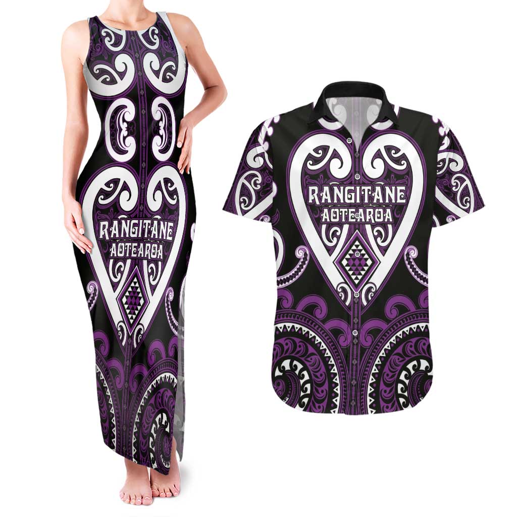 Custom Aotearoa Rangitane Couples Matching Tank Maxi Dress and Hawaiian Shirt Maori Tribal Pattern