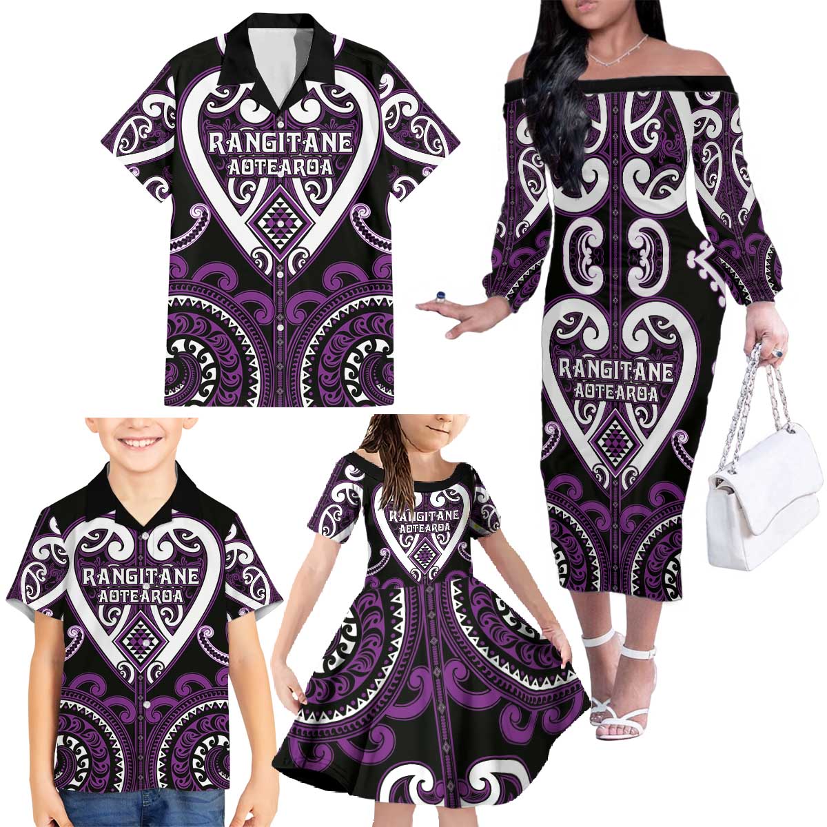 Custom Aotearoa Rangitane Family Matching Off The Shoulder Long Sleeve Dress and Hawaiian Shirt Maori Tribal Pattern