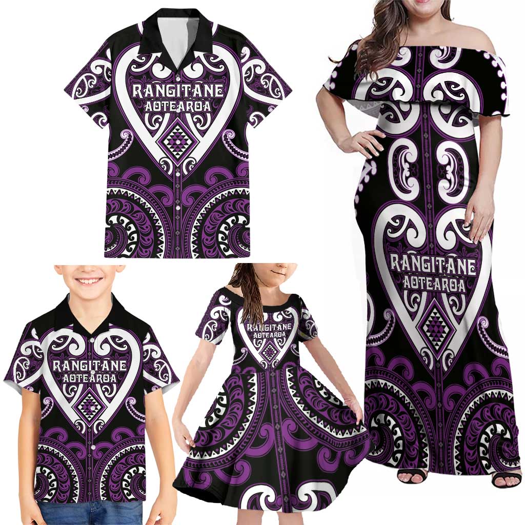 Custom Aotearoa Rangitane Family Matching Off Shoulder Maxi Dress and Hawaiian Shirt Maori Tribal Pattern