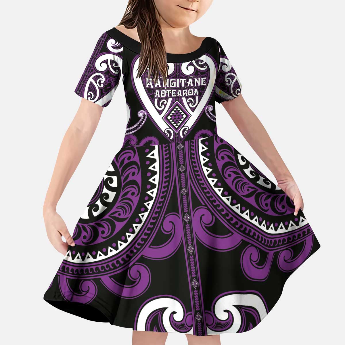 Custom Aotearoa Rangitane Kid Short Sleeve Dress Maori Tribal Pattern LT05 KID Purple - Polynesian Pride