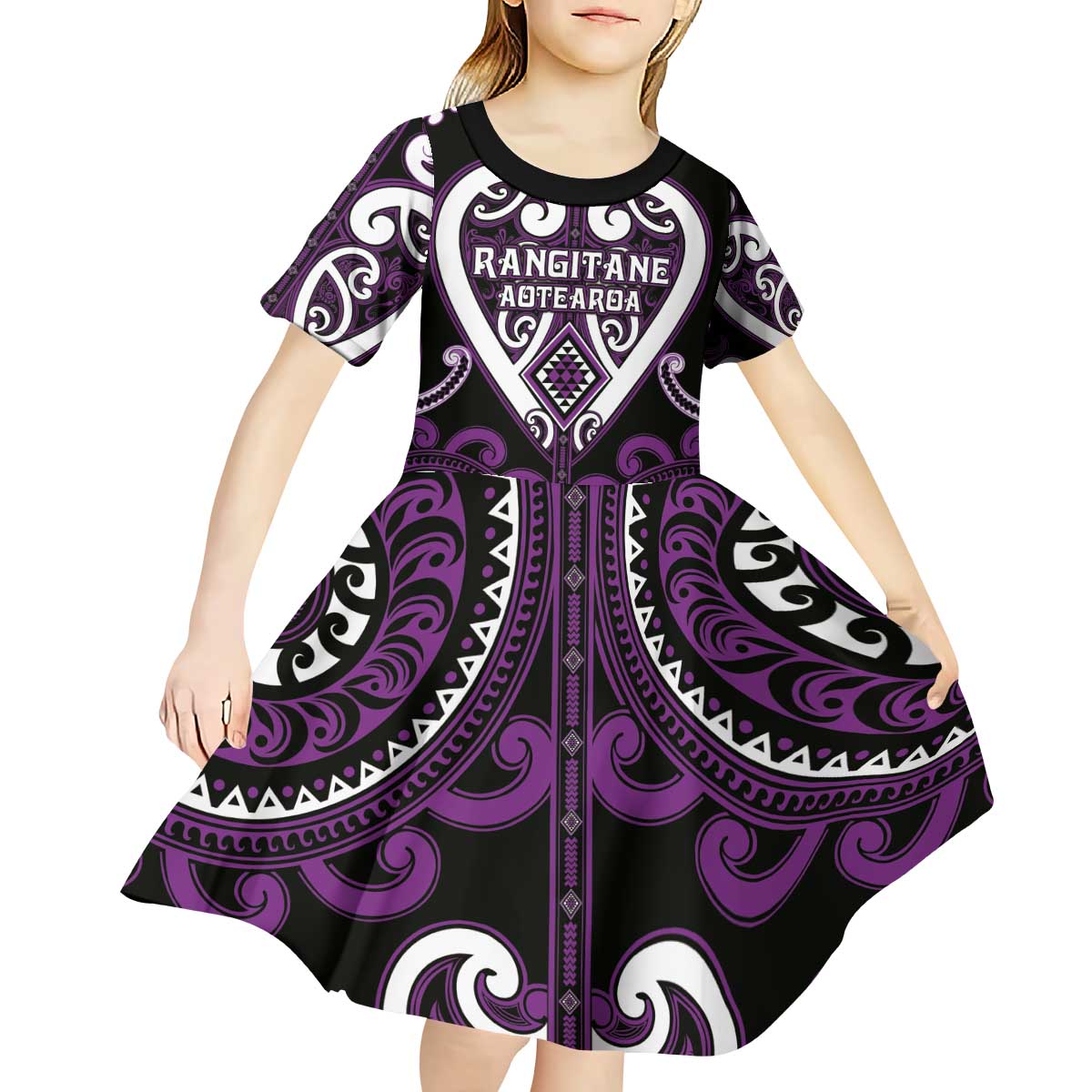 Custom Aotearoa Rangitane Kid Short Sleeve Dress Maori Tribal Pattern LT05 - Polynesian Pride