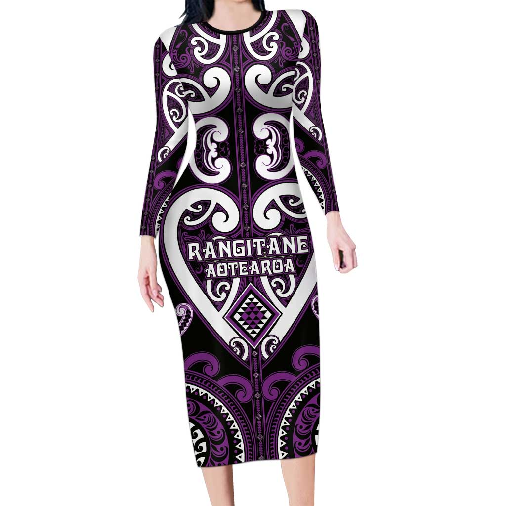 Custom Aotearoa Rangitane Long Sleeve Bodycon Dress Maori Tribal Pattern