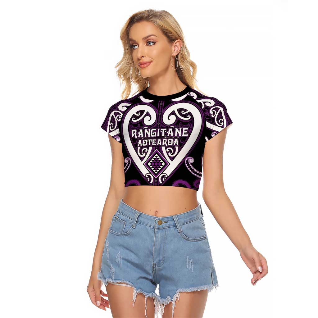 Custom Aotearoa Rangitane Raglan Cropped T Shirt Maori Tribal Pattern LT05 Female Purple - Polynesian Pride