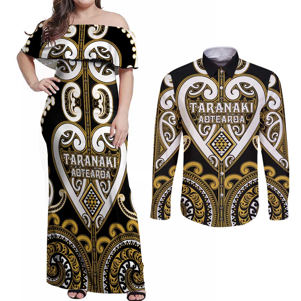 Custom Aotearoa Taranaki Couples Matching Off Shoulder Maxi Dress and Long Sleeve Button Shirt Maori Tribal Pattern