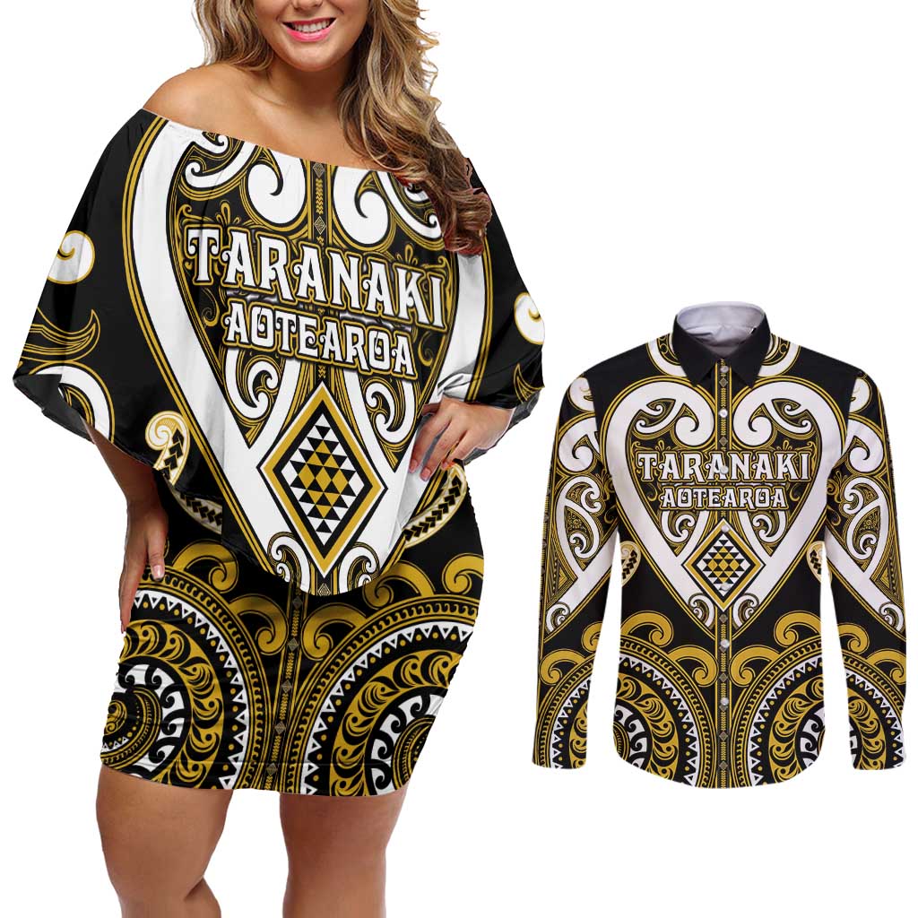 Custom Aotearoa Taranaki Couples Matching Off Shoulder Short Dress and Long Sleeve Button Shirt Maori Tribal Pattern