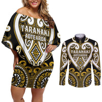 Custom Aotearoa Taranaki Couples Matching Off Shoulder Short Dress and Long Sleeve Button Shirt Maori Tribal Pattern