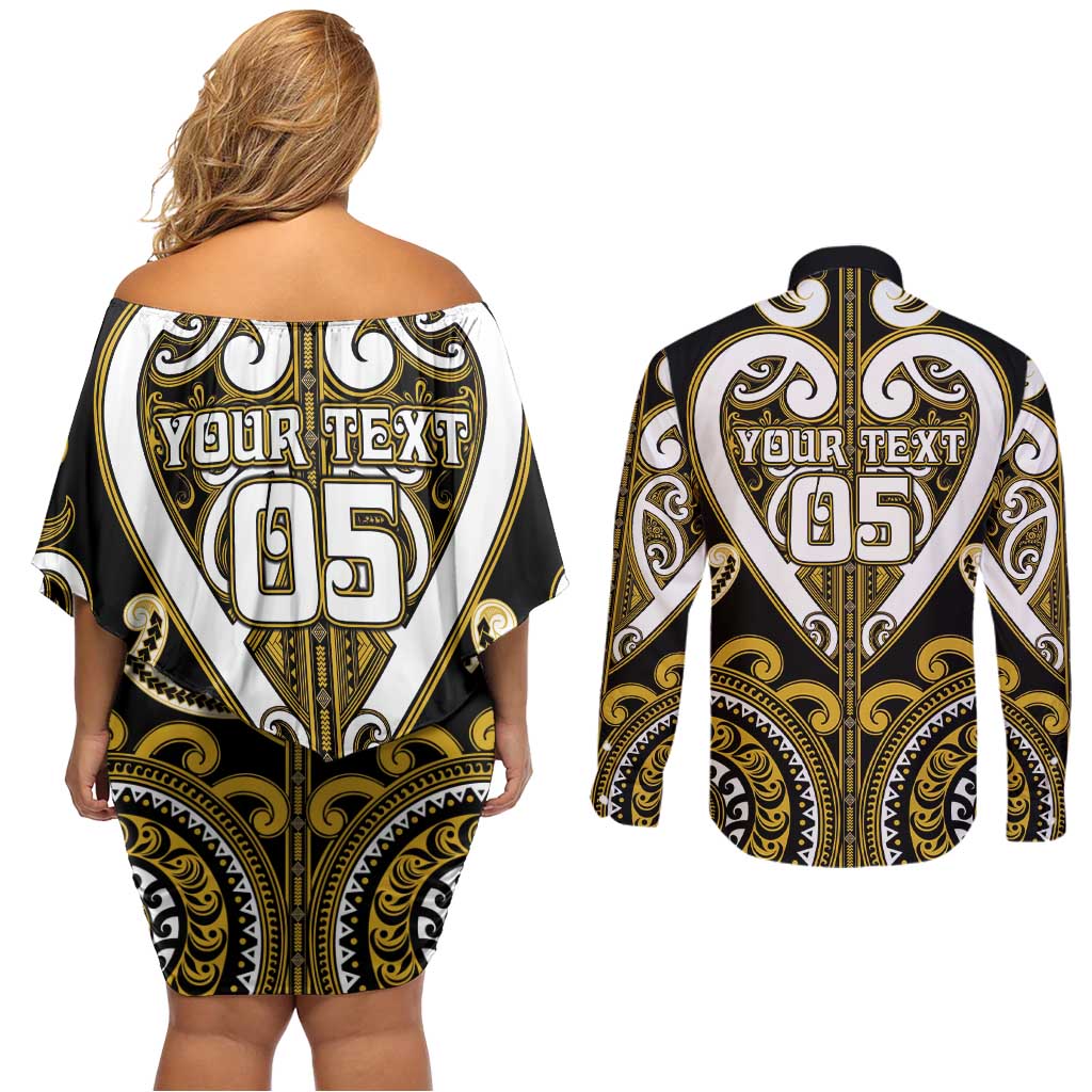 Custom Aotearoa Taranaki Couples Matching Off Shoulder Short Dress and Long Sleeve Button Shirt Maori Tribal Pattern