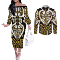 Custom Aotearoa Taranaki Couples Matching Off The Shoulder Long Sleeve Dress and Long Sleeve Button Shirt Maori Tribal Pattern