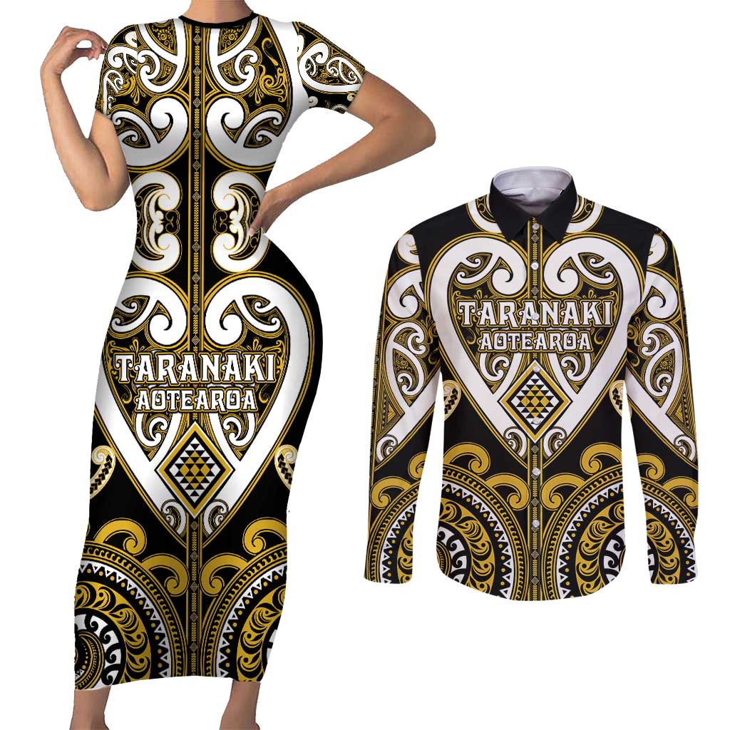 Custom Aotearoa Taranaki Couples Matching Short Sleeve Bodycon Dress and Long Sleeve Button Shirt Maori Tribal Pattern