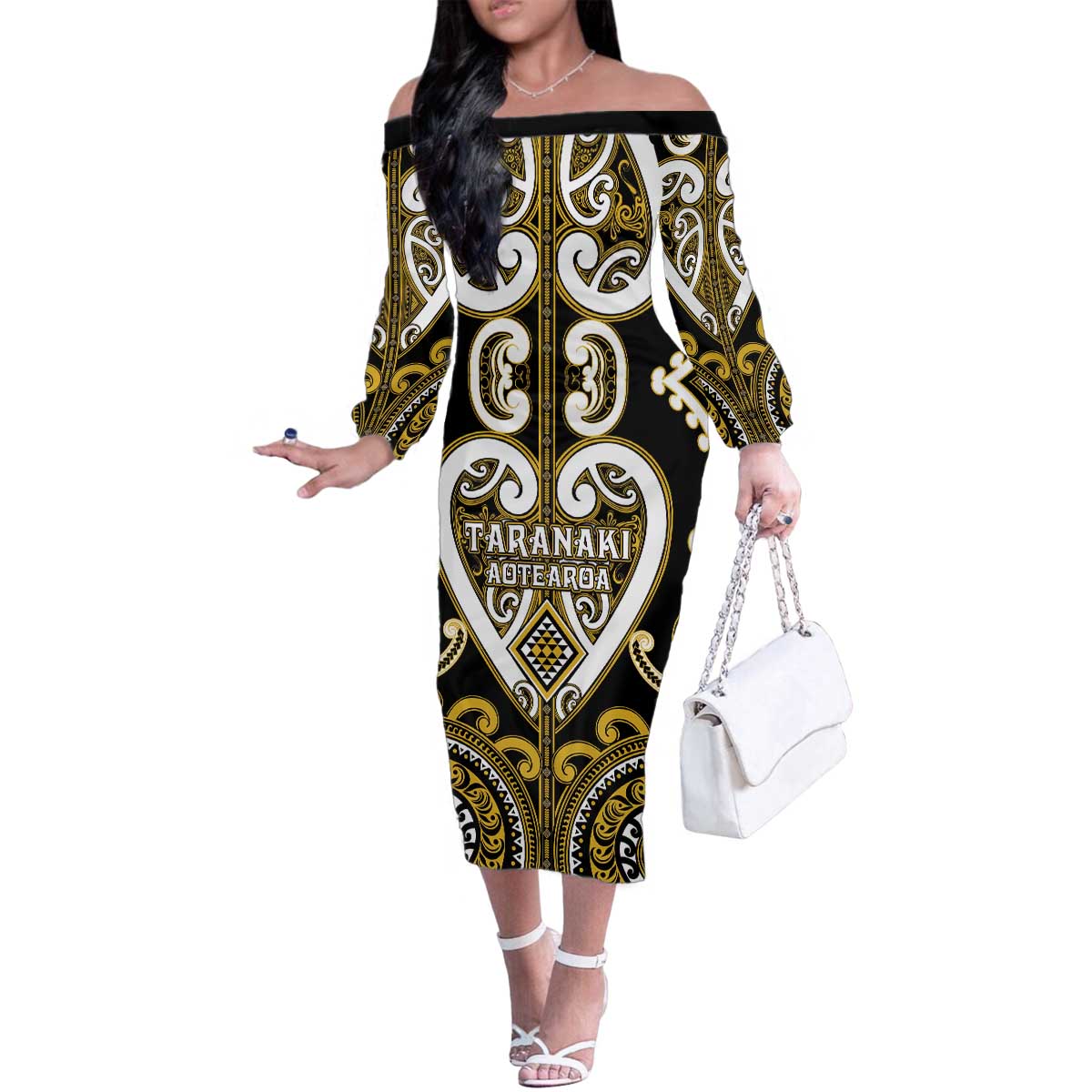 Custom Aotearoa Taranaki Family Matching Off The Shoulder Long Sleeve Dress and Hawaiian Shirt Maori Tribal Pattern