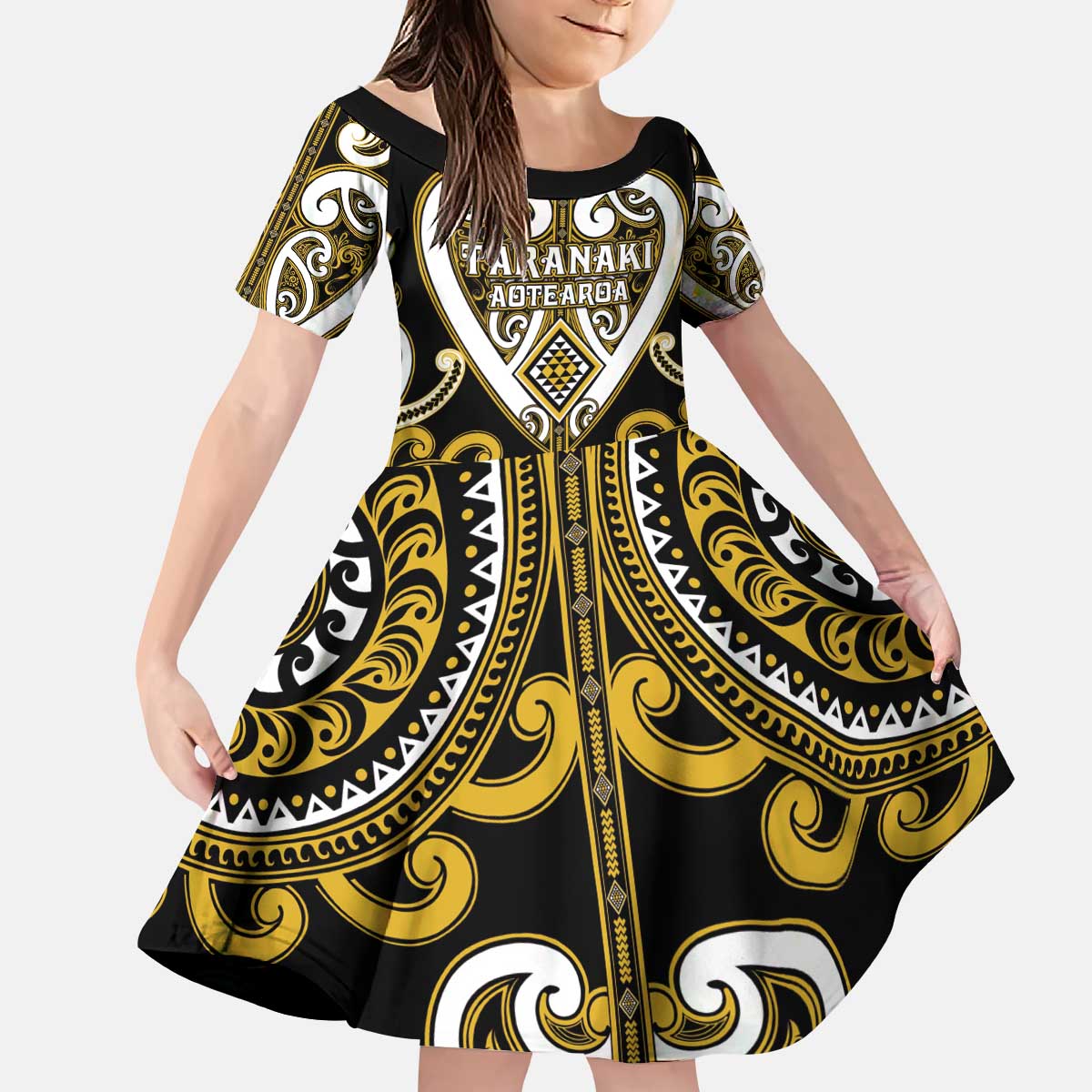 Custom Aotearoa Taranaki Kid Short Sleeve Dress Maori Tribal Pattern
