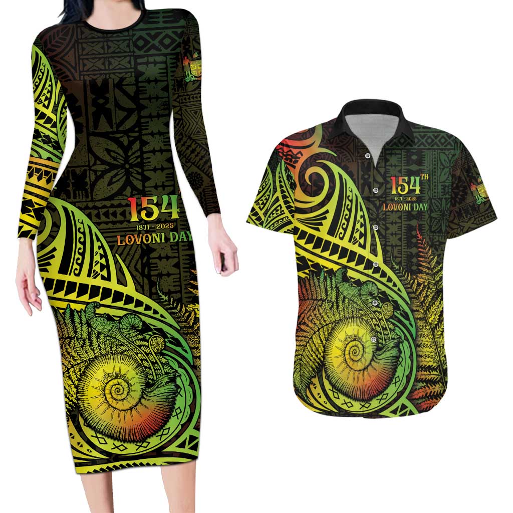 Personalised Fiji Lovoni Day Couples Matching Long Sleeve Bodycon Dress and Hawaiian Shirt 154th Years