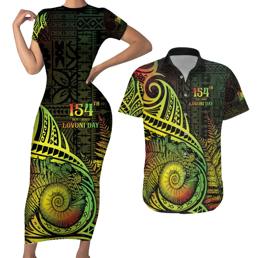 Personalised Fiji Lovoni Day Couples Matching Short Sleeve Bodycon Dress and Hawaiian Shirt 154th Years
