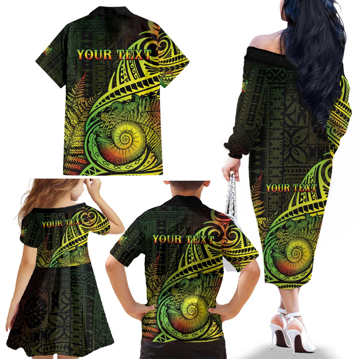 Personalised Fiji Lovoni Day Family Matching Off The Shoulder Long Sleeve Dress and Hawaiian Shirt 154th Years