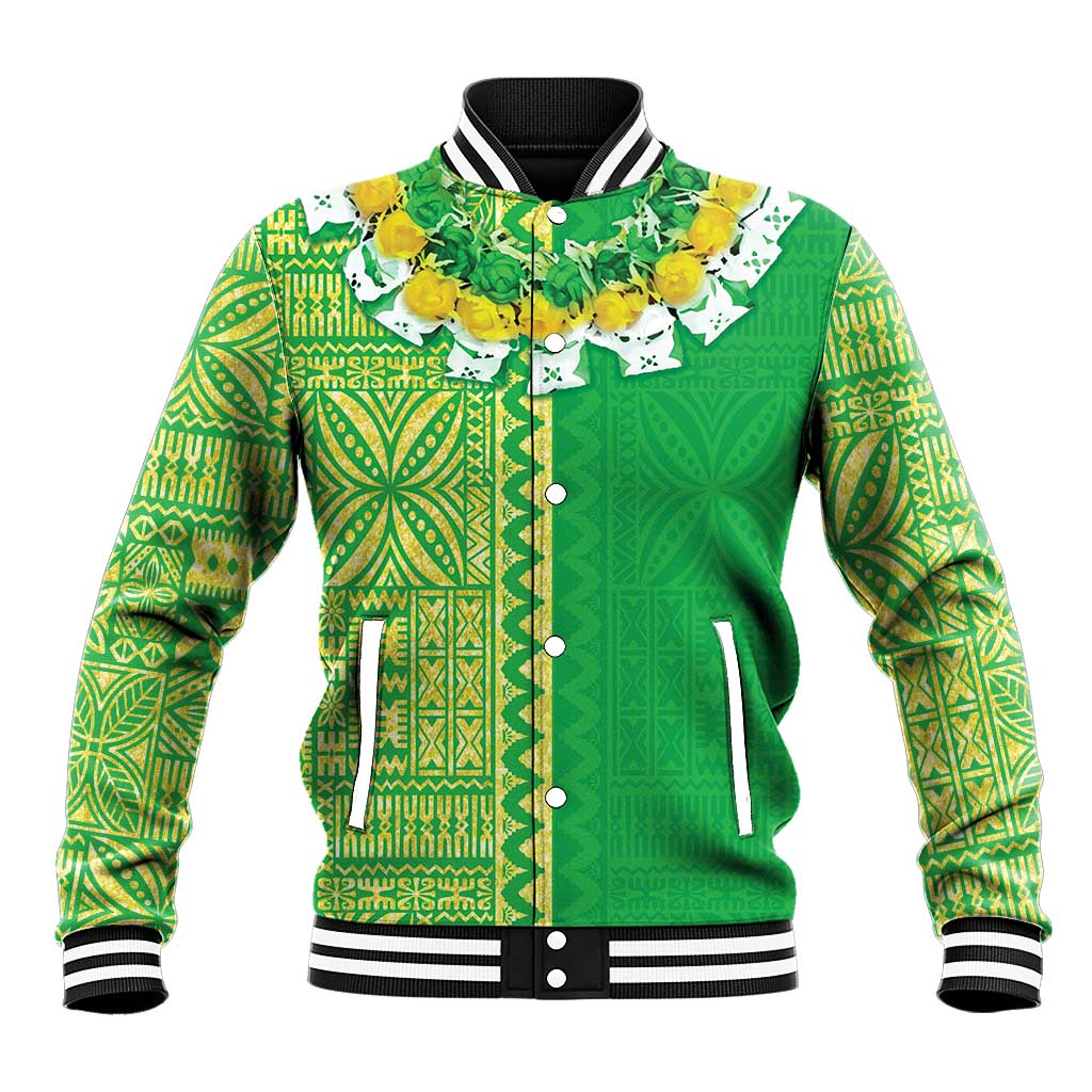 Fiji Lovoni Baseball Jacket Fijian Tapa Salusalu Green Glitter LT05 Unisex Green - Polynesian Pride