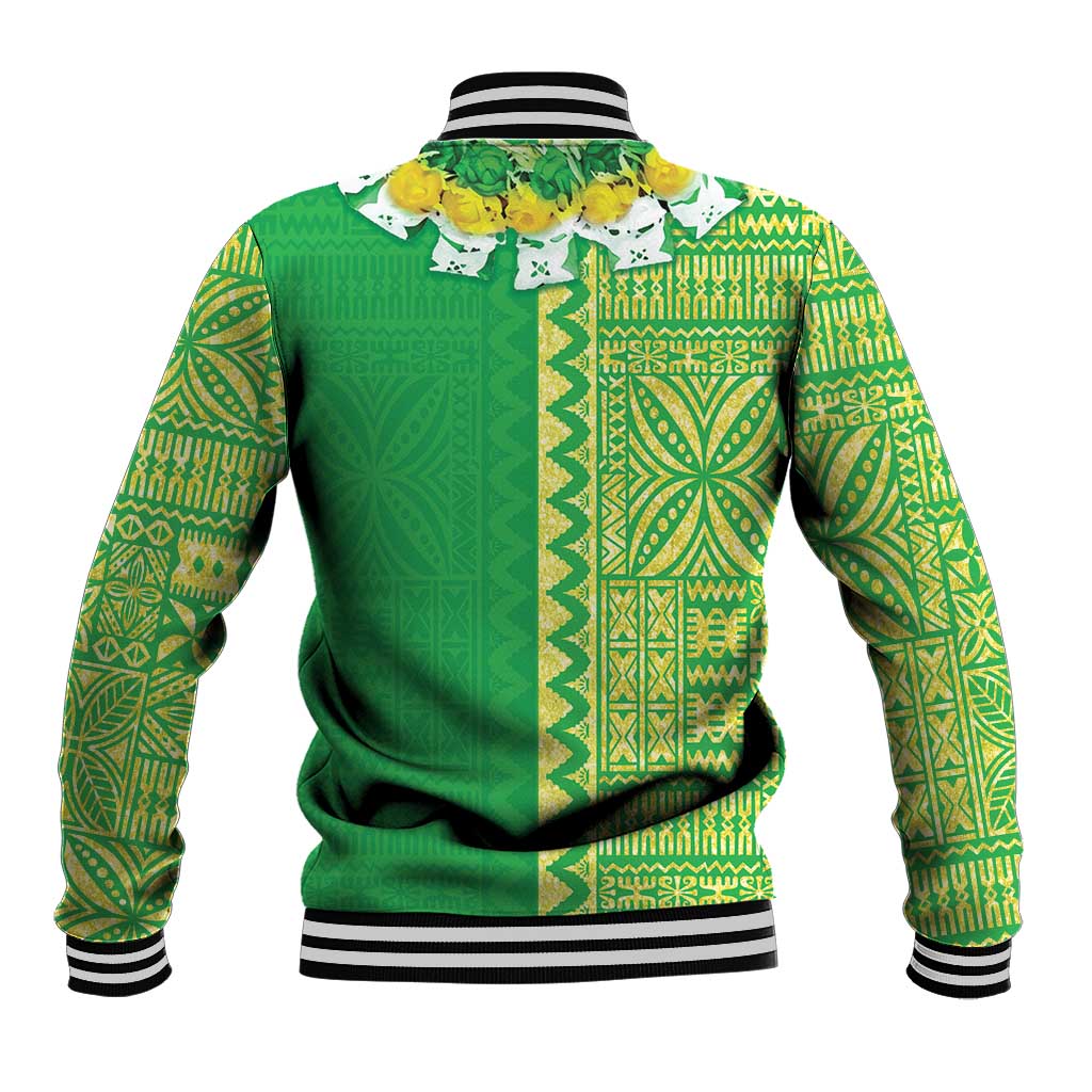 Fiji Lovoni Baseball Jacket Fijian Tapa Salusalu Green Glitter LT05 - Polynesian Pride