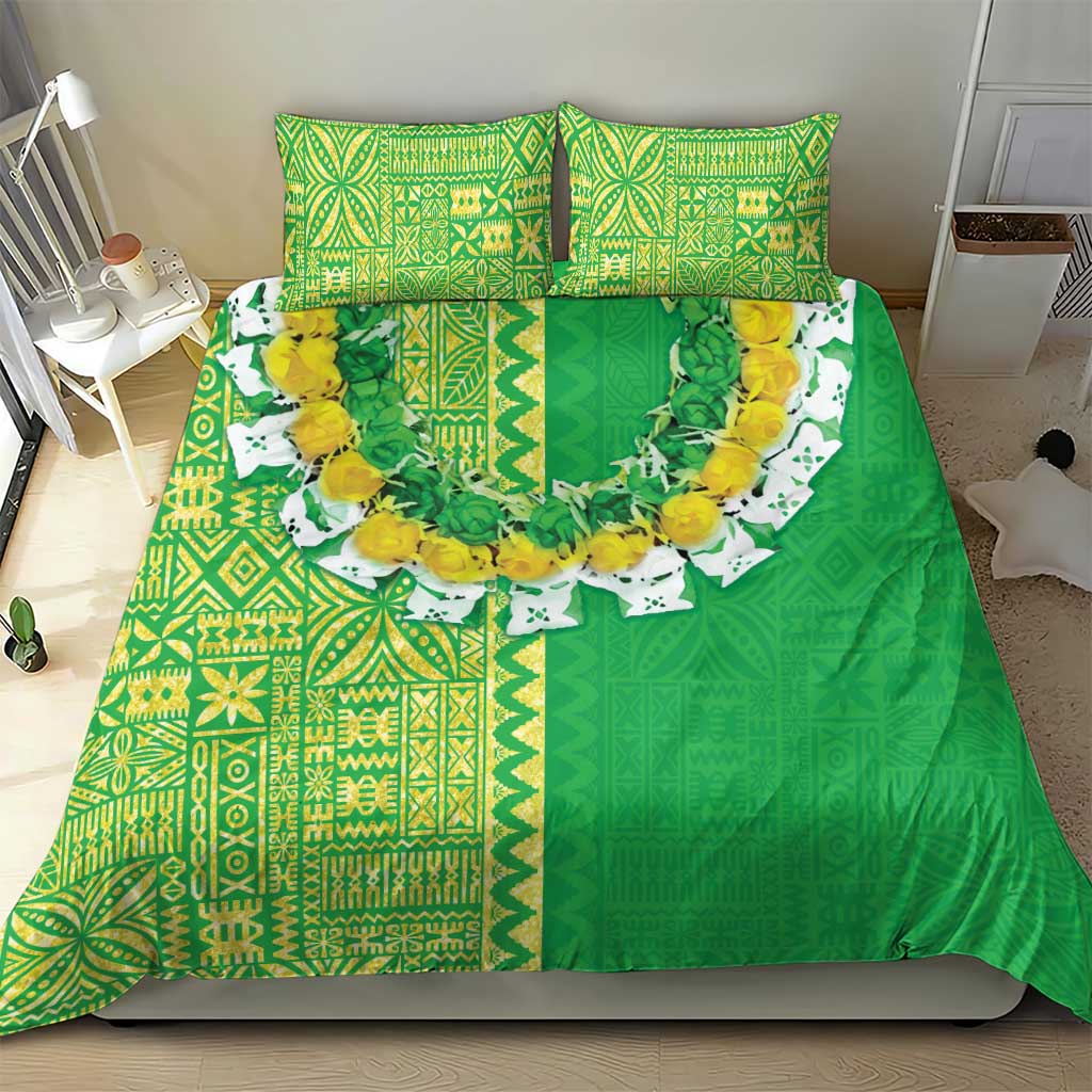 Fiji Lovoni Bedding Set Fijian Tapa Salusalu Green Glitter