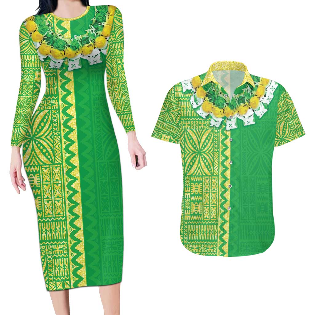 Fiji Lovoni Couples Matching Long Sleeve Bodycon Dress and Hawaiian Shirt Fijian Tapa Salusalu Green Glitter