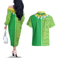 Fiji Lovoni Couples Matching Off The Shoulder Long Sleeve Dress and Hawaiian Shirt Fijian Tapa Salusalu Green Glitter