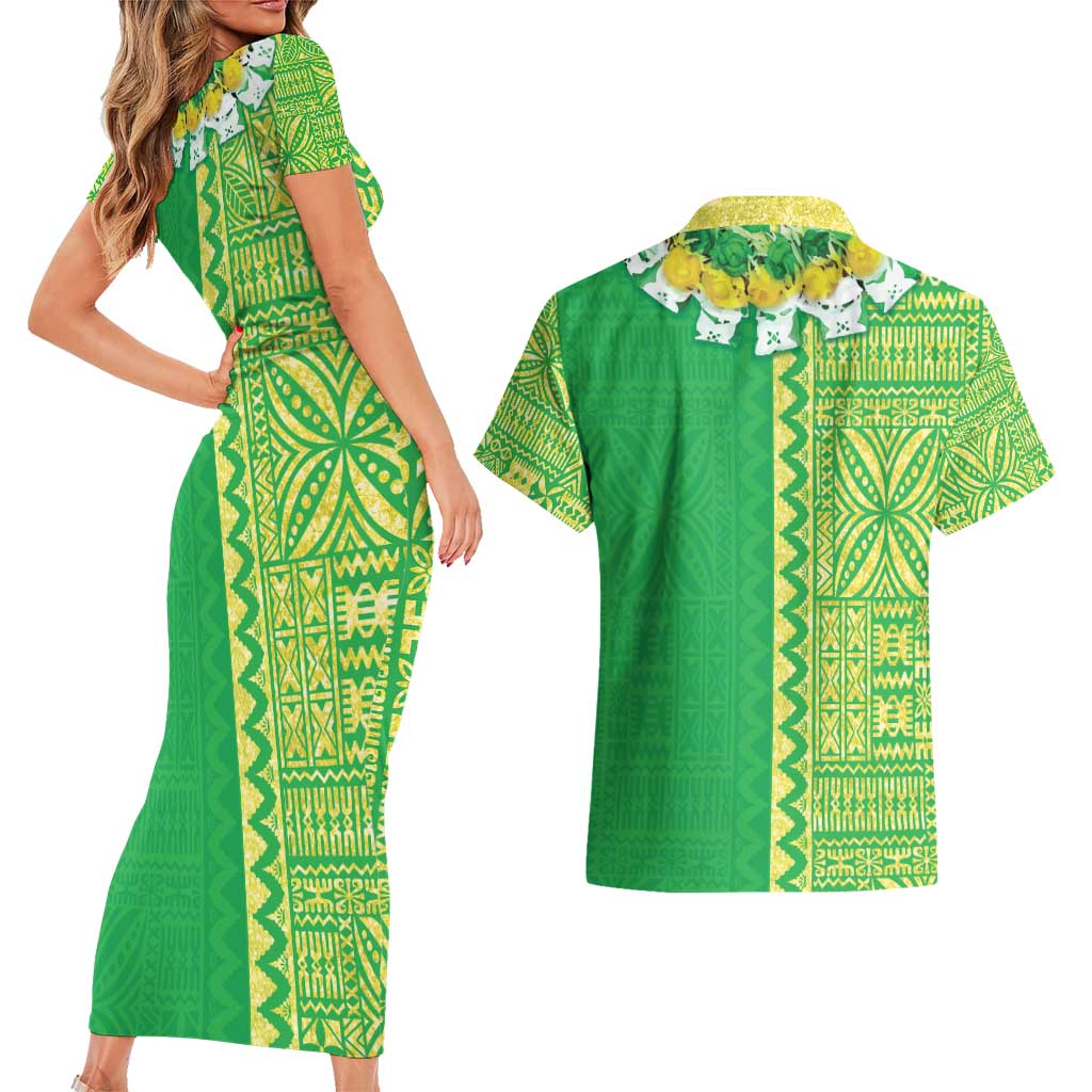 Fiji Lovoni Couples Matching Short Sleeve Bodycon Dress and Hawaiian Shirt Fijian Tapa Salusalu Green Glitter