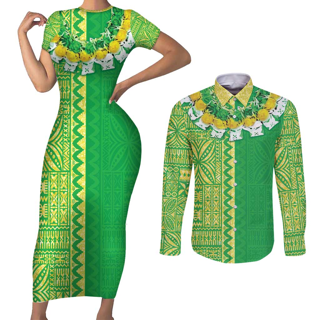 Fiji Lovoni Couples Matching Short Sleeve Bodycon Dress and Long Sleeve Button Shirt Fijian Tapa Salusalu Green Glitter