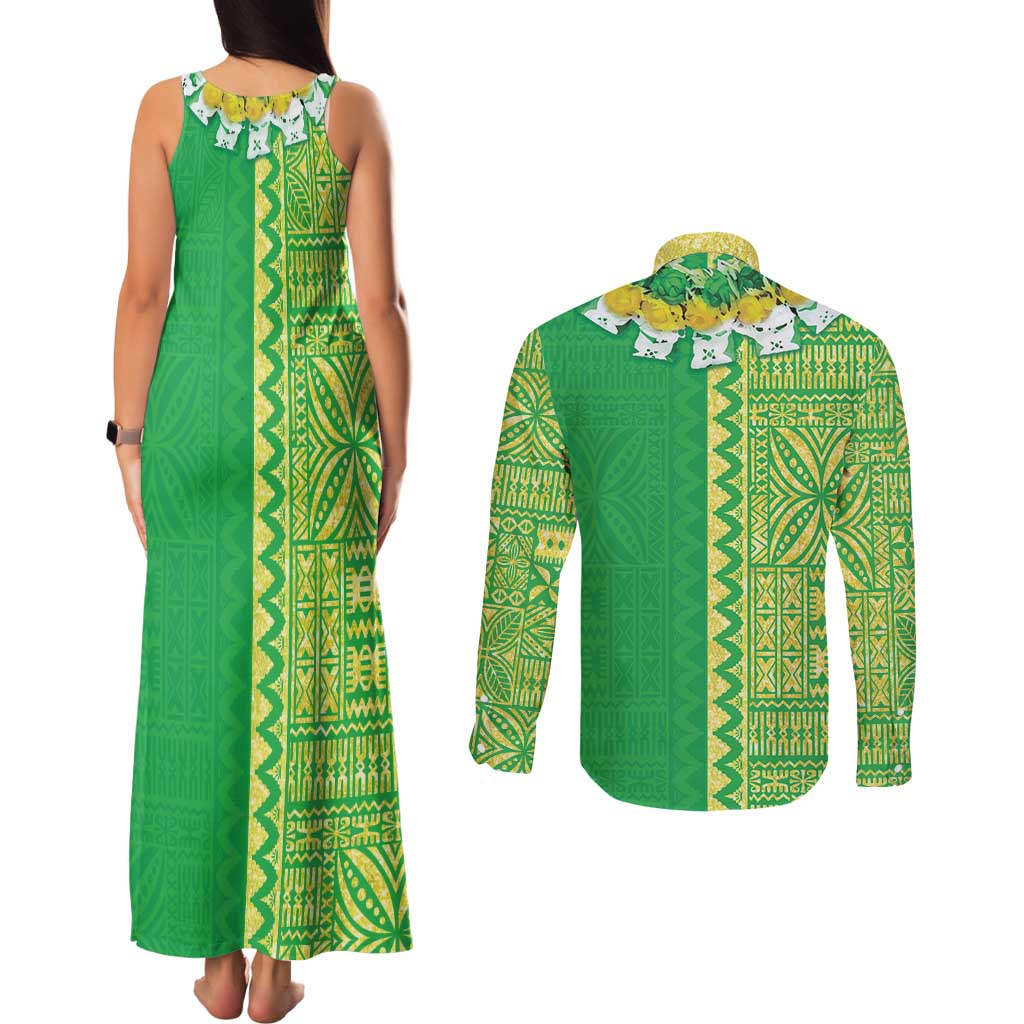 Fiji Lovoni Couples Matching Tank Maxi Dress and Long Sleeve Button Shirt Fijian Tapa Salusalu Green Glitter