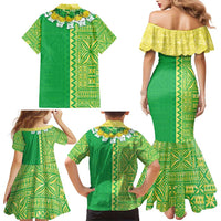Fiji Lovoni Family Matching Mermaid Dress and Hawaiian Shirt Fijian Tapa Salusalu Green Glitter