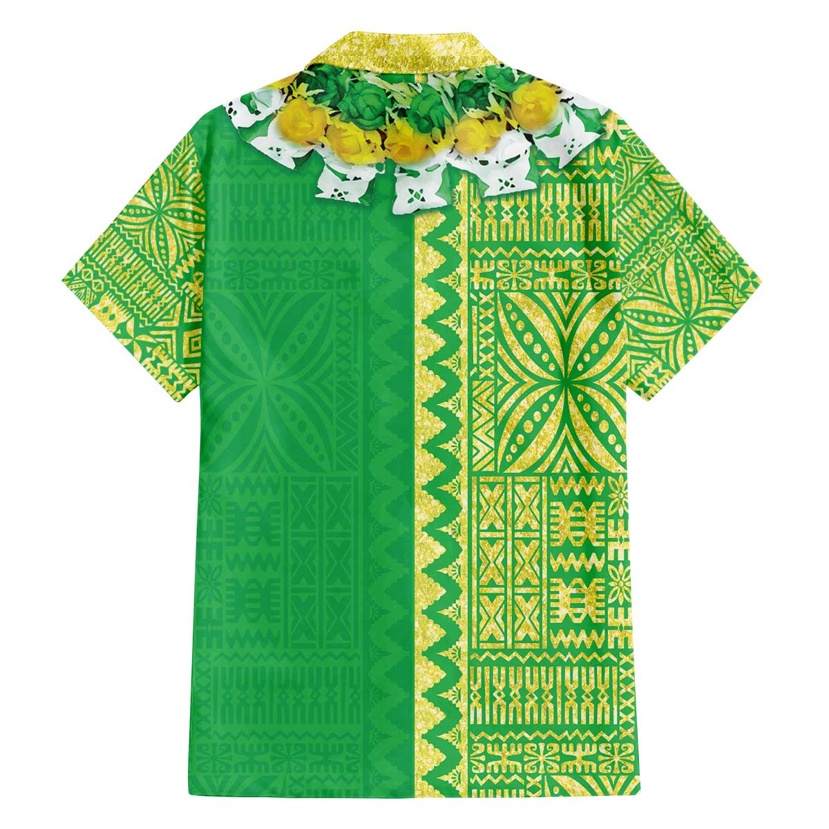 Fiji Lovoni Family Matching Off The Shoulder Long Sleeve Dress and Hawaiian Shirt Fijian Tapa Salusalu Green Glitter