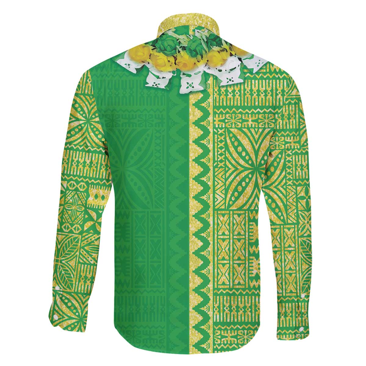 Fiji Lovoni Family Matching Off The Shoulder Long Sleeve Dress and Hawaiian Shirt Fijian Tapa Salusalu Green Glitter