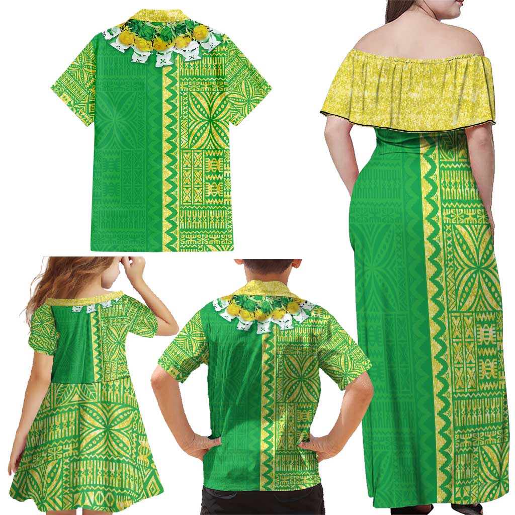Fiji Lovoni Family Matching Off Shoulder Maxi Dress and Hawaiian Shirt Fijian Tapa Salusalu Green Glitter