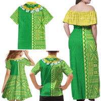 Fiji Lovoni Family Matching Off Shoulder Maxi Dress and Hawaiian Shirt Fijian Tapa Salusalu Green Glitter