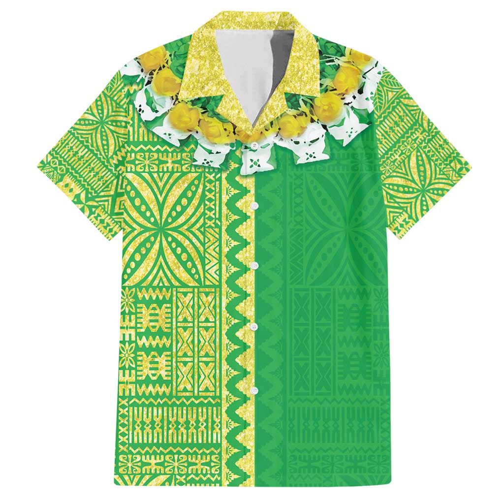 Fiji Lovoni Family Matching Off Shoulder Maxi Dress and Hawaiian Shirt Fijian Tapa Salusalu Green Glitter