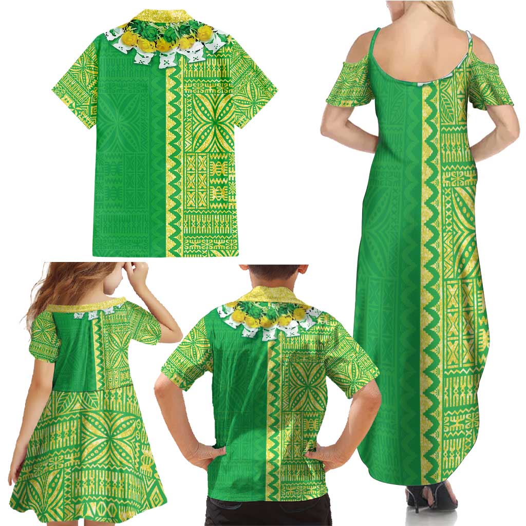 Fiji Lovoni Family Matching Summer Maxi Dress and Hawaiian Shirt Fijian Tapa Salusalu Green Glitter