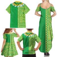 Fiji Lovoni Family Matching Summer Maxi Dress and Hawaiian Shirt Fijian Tapa Salusalu Green Glitter